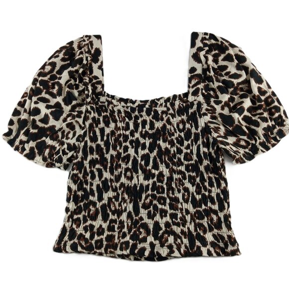 Monteau Tops - Monteau Puff Sleeve Smocked Crop Top Women's Size XL Leopard Print Linen Blend